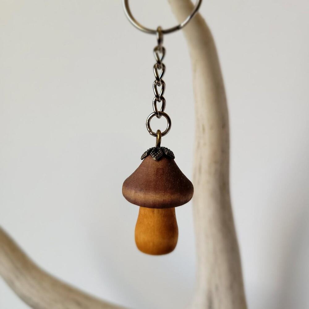 Handmade Naturally Dyed Wood Mushroom Keychain